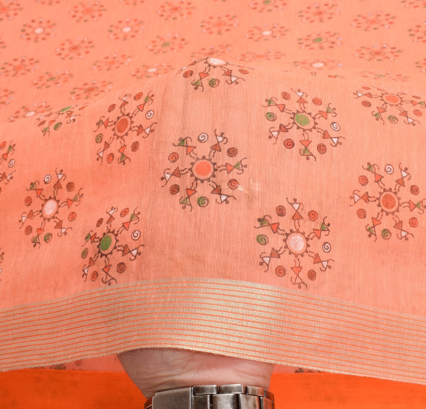 Sushila Vintage Peach Saree 100%Pure Cotton Silk Warli Print & Woven Sari Fabric