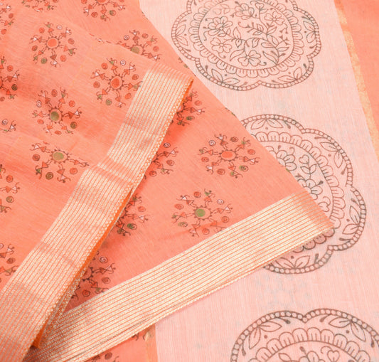 Sushila Vintage Peach Saree 100%Pure Cotton Silk Warli Print & Woven Sari Fabric