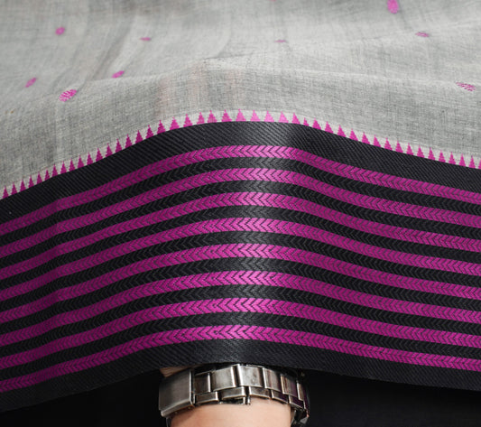 Sushila Vintage Gray Saree Purple Black Border Pure Cotton Handloom Sari Fabric