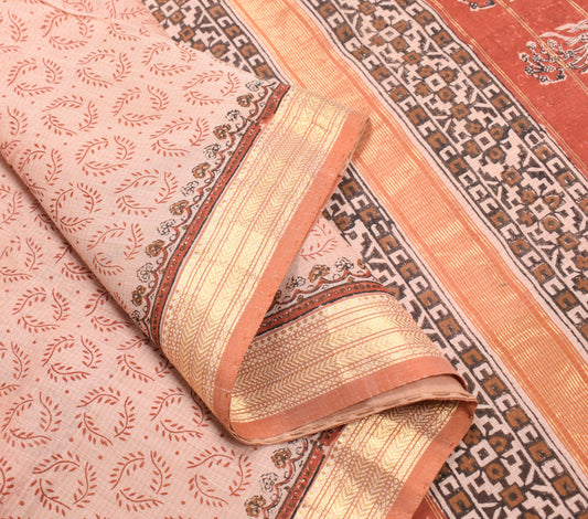 Sushila Vintage Pink Floral Saree Pure Cotton Silk Hand Block Woven Sari Fabric