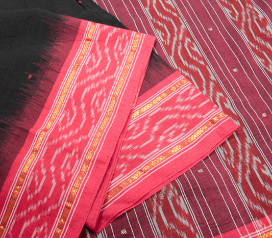 Sushila Vintage Pure Cotton Saree Black Red Hand Woven Ikat Patola Sari Fabric