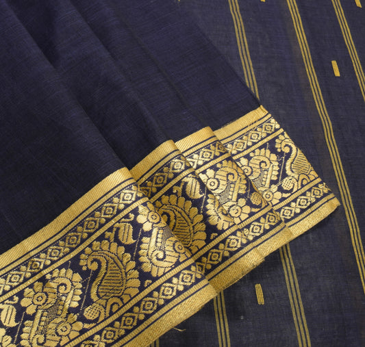 Sushila Vintage Blue Saree Bengal Tant Woven Paisley Border Pure Cotton Sari