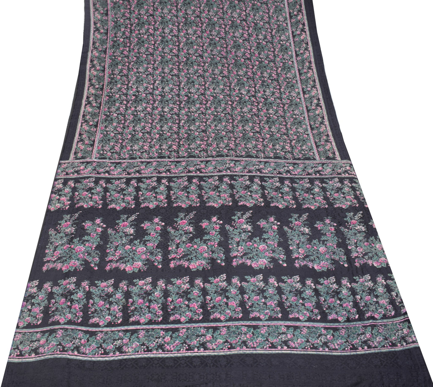 Sushila Vintage Black Floral Saree Pure Silk Printed & Woven Soft Sari Fabric