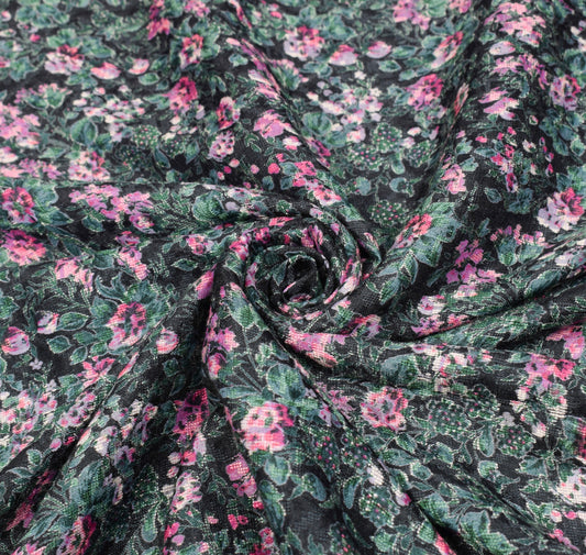 Sushila Vintage Black Floral Saree Pure Silk Printed & Woven Soft Sari Fabric