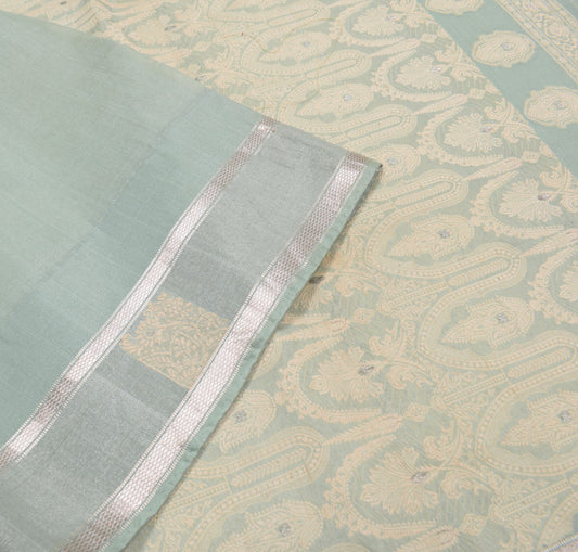 Sushila Vintage Pista Green Saree with Zari Border Pure Silk Woven Sari Fabric