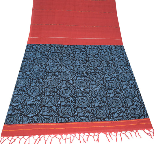 Sushila Vintage Red Handloom Saree 100%Pure Cotton Warli Art Printed Sari Fabric