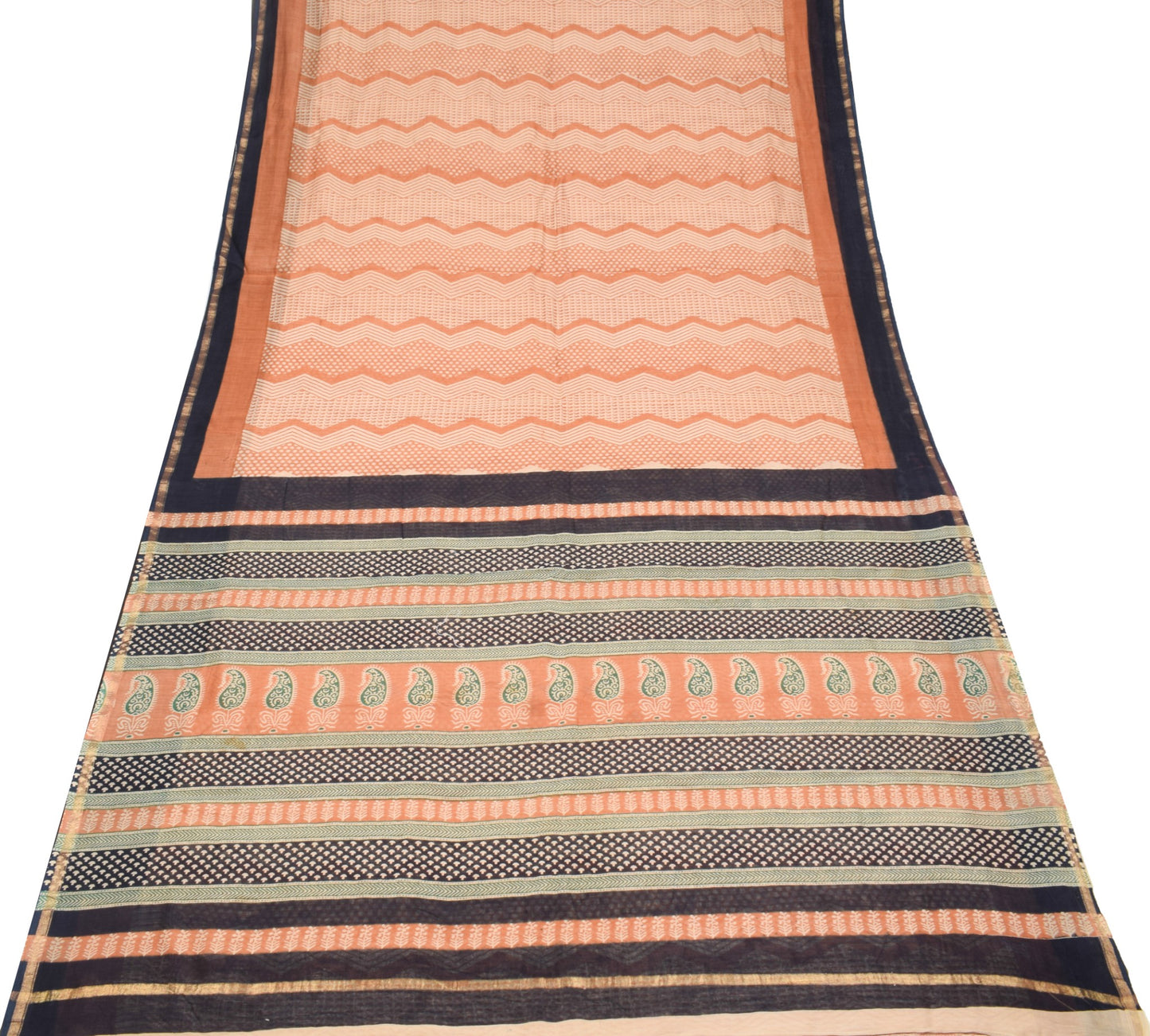 Sushila Vintage Hand Block Peach Saree Pure Cotton Silk Woven 5Yds Sari Fabric