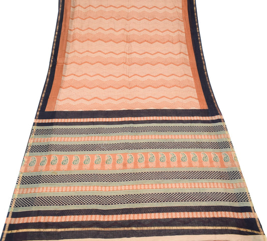 Sushila Vintage Hand Block Printed Saree Pure Cotton Silk Woven 5Yds Sari Fabric