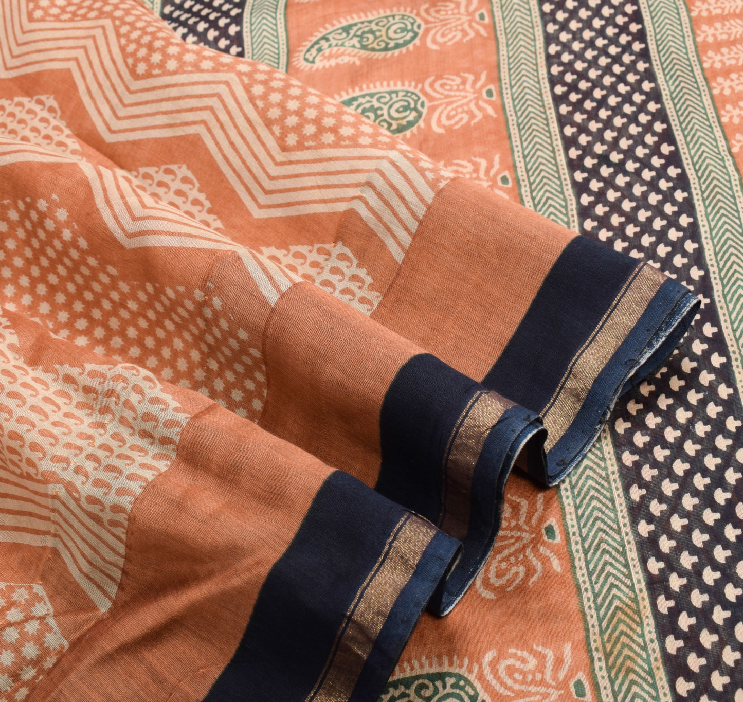 Sushila Vintage Hand Block Peach Saree Pure Cotton Silk Woven 5Yds Sari Fabric