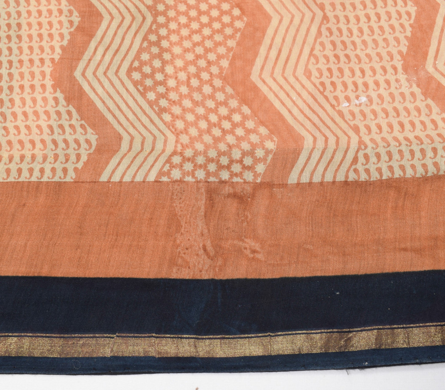 Sushila Vintage Hand Block Peach Saree Pure Cotton Silk Woven 5Yds Sari Fabric