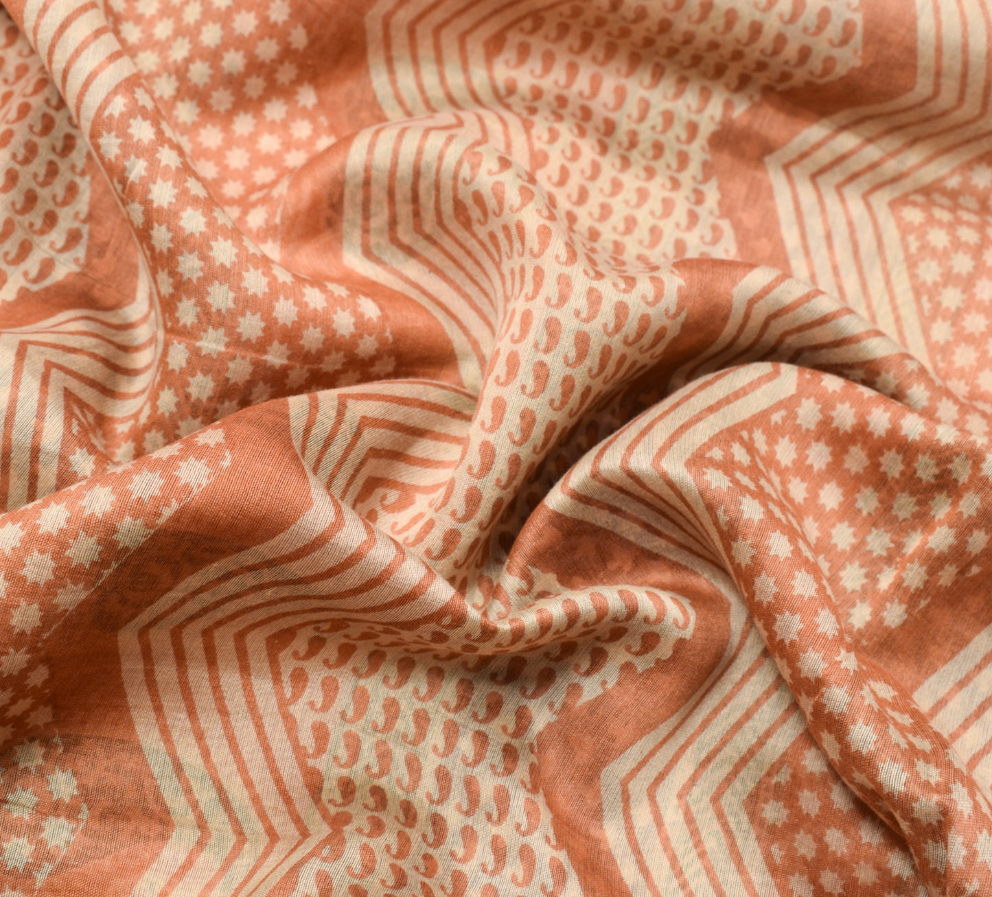 Sushila Vintage Hand Block Peach Saree Pure Cotton Silk Woven 5Yds Sari Fabric