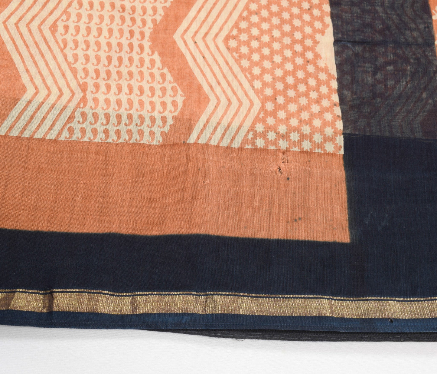 Sushila Vintage Hand Block Peach Saree Pure Cotton Silk Woven 5Yds Sari Fabric