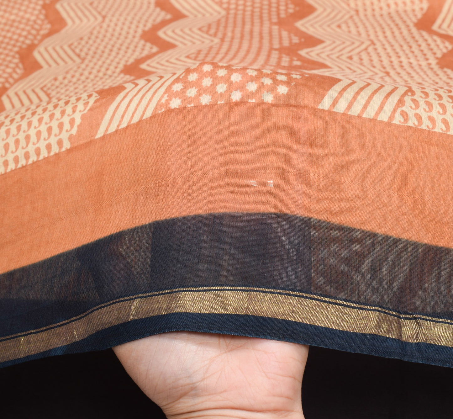 Sushila Vintage Hand Block Peach Saree Pure Cotton Silk Woven 5Yds Sari Fabric