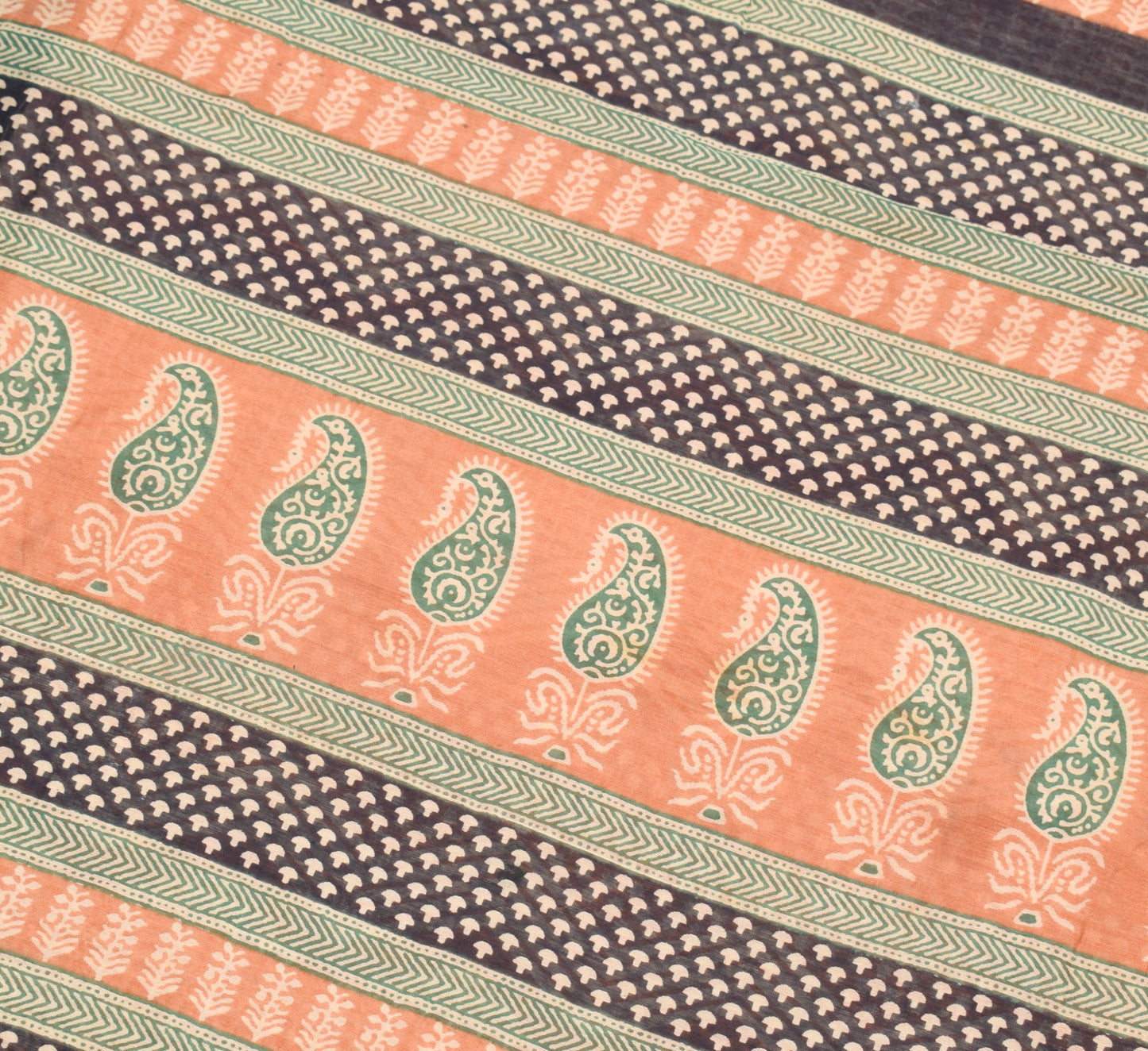 Sushila Vintage Hand Block Peach Saree Pure Cotton Silk Woven 5Yds Sari Fabric