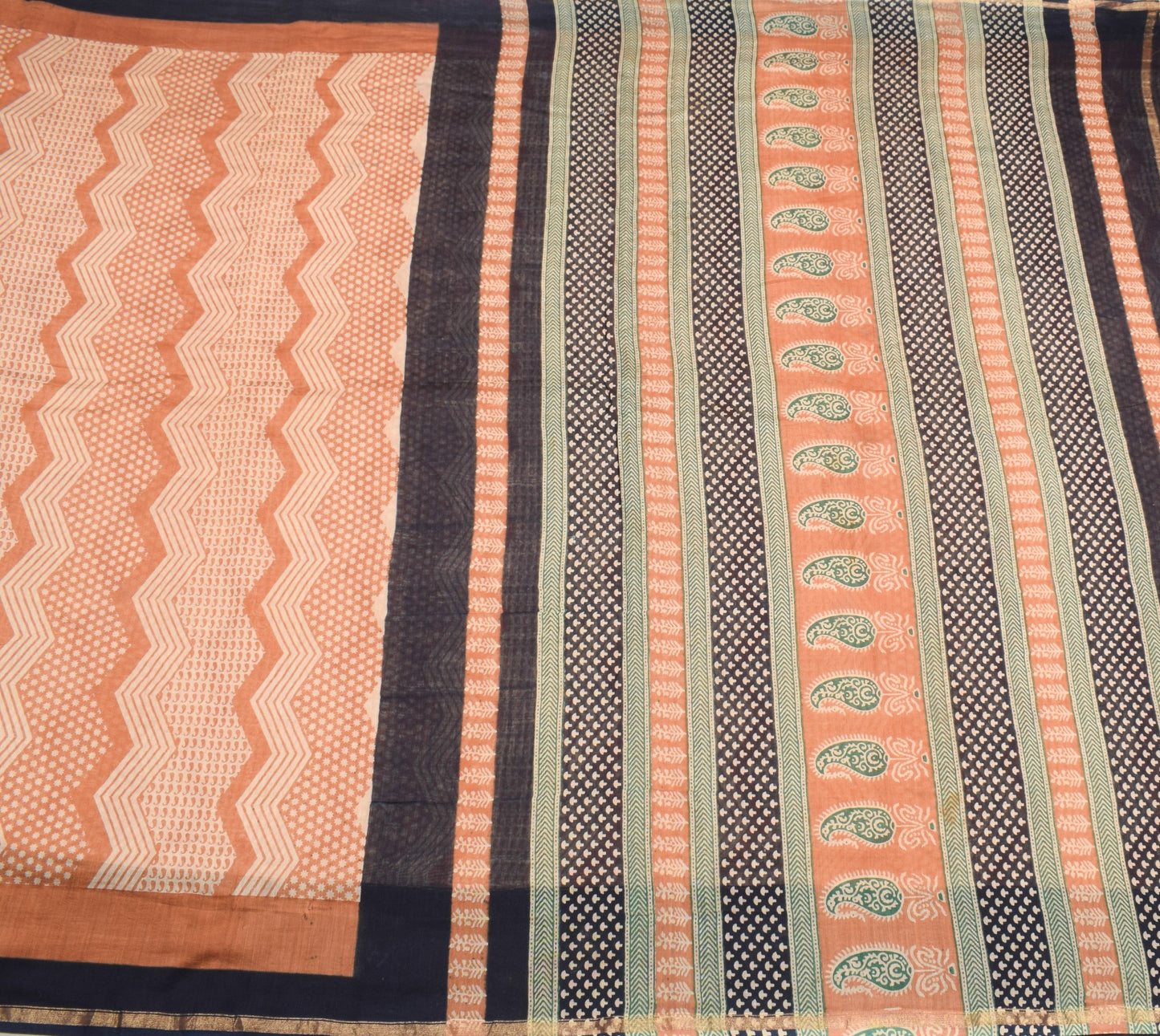 Sushila Vintage Hand Block Peach Saree Pure Cotton Silk Woven 5Yds Sari Fabric
