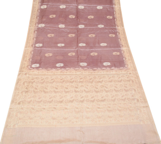 Sushila Vintage Rose Gold Saree Pure Tussar Silk Floral Embroidered Sari Fabric