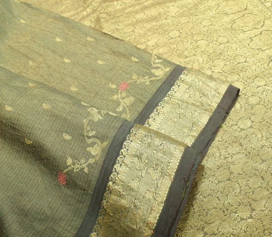 Sushila Vintage Black Sari Zari Woven Kanjivaram Saree Pure Tissue Silk Fabric