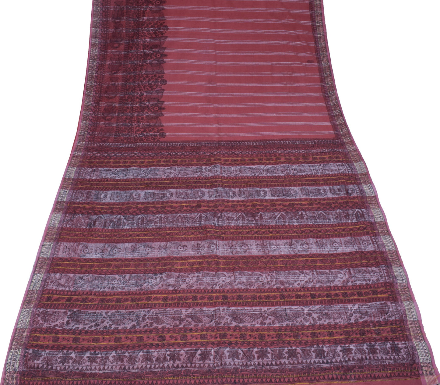 Sushila Vintage Brown Woven Saree Madhubani Hand Printed Cotton Silk Sari Fabric