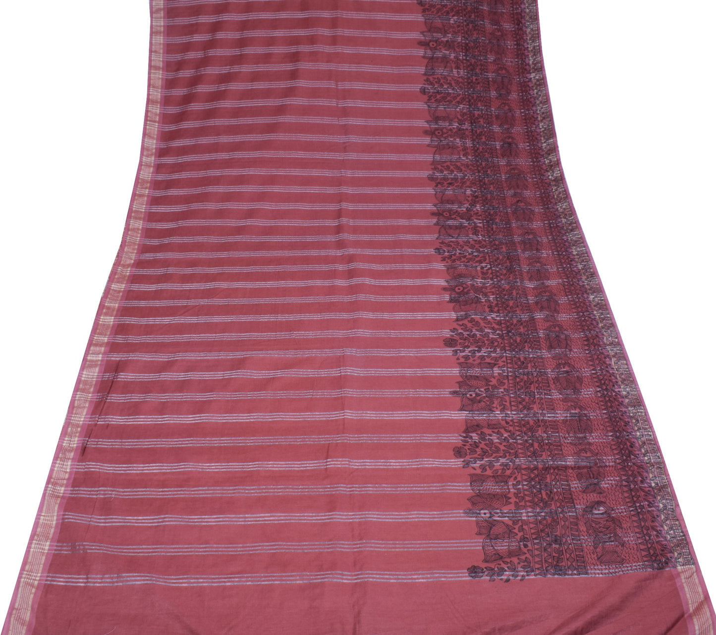 Sushila Vintage Brown Woven Saree Madhubani Hand Printed Cotton Silk Sari Fabric