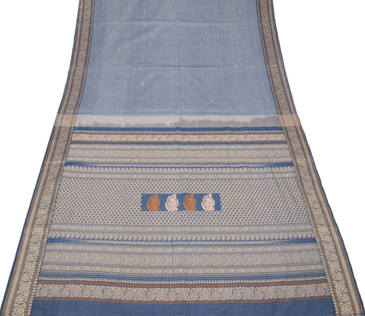 Sushila Vintage Greyish Blue Saree 100%Pure Cotton Hand Woven Indian Sari Fabric
