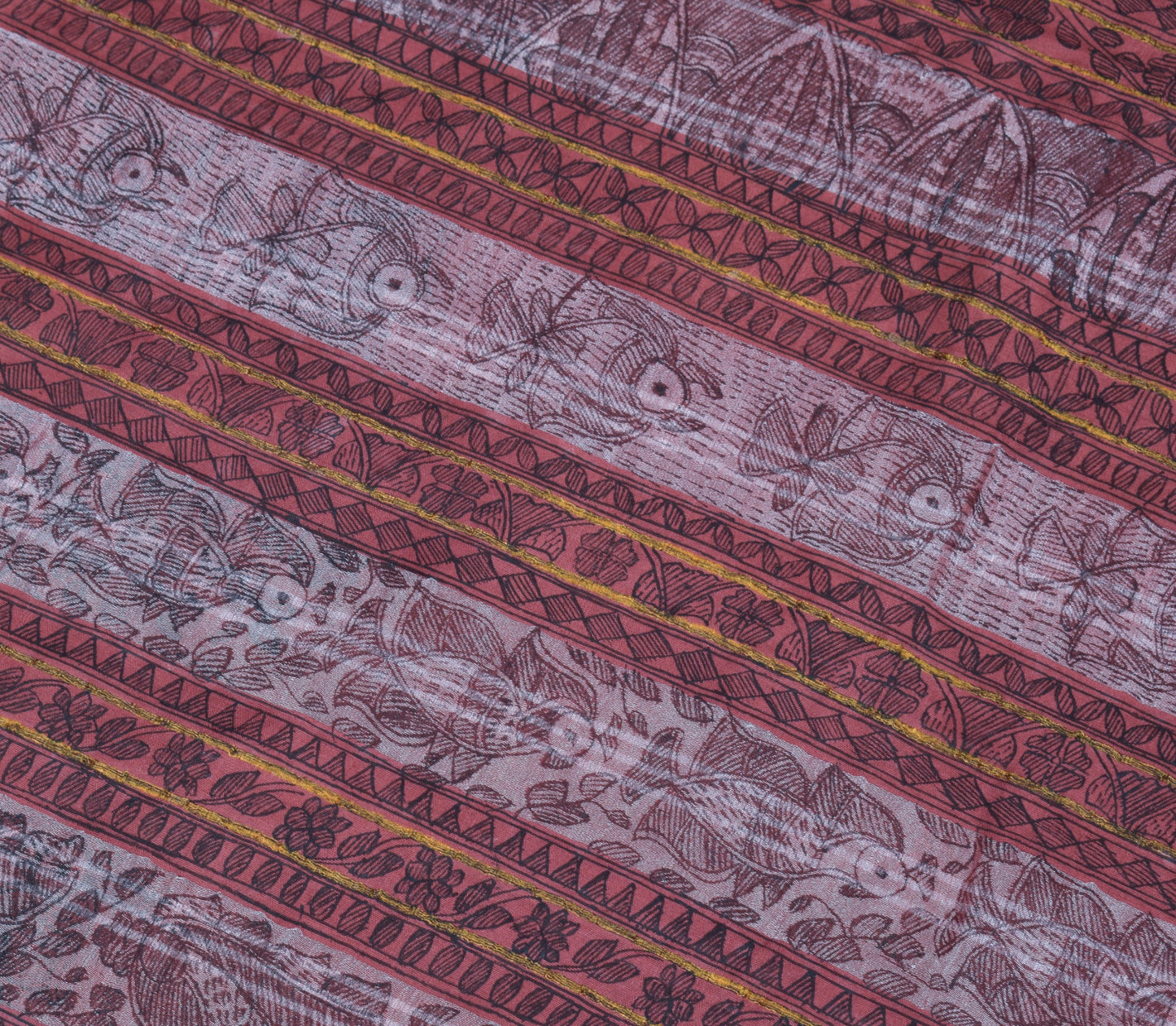 Sushila Vintage Brown Woven Saree Madhubani Hand Printed Cotton Silk Sari Fabric