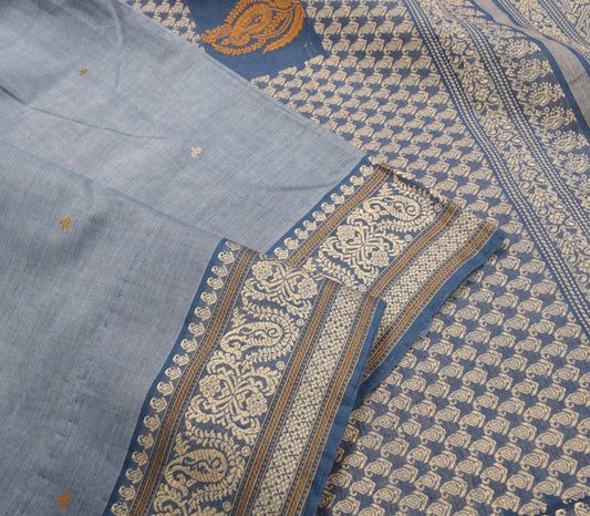 Sushila Vintage Greyish Blue Saree 100%Pure Cotton Hand Woven Indian Sari Fabric