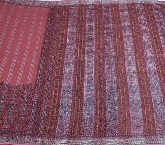 Sushila Vintage Brown Woven Saree Madhubani Hand Printed Cotton Silk Sari Fabric