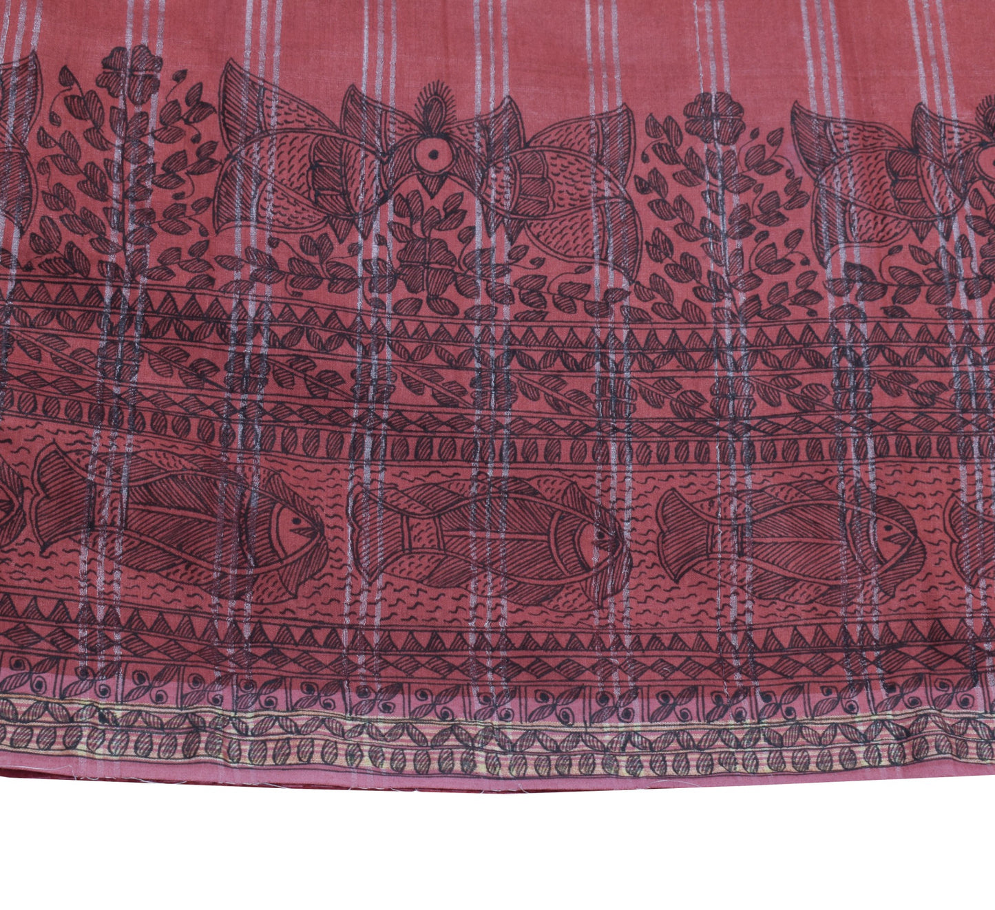 Sushila Vintage Brown Woven Saree Madhubani Hand Printed Cotton Silk Sari Fabric