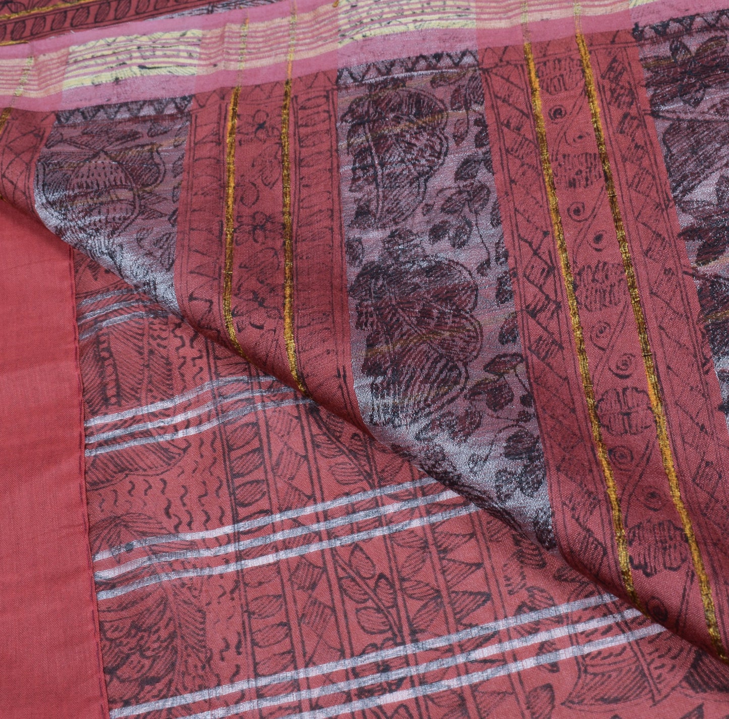Sushila Vintage Brown Woven Saree Madhubani Hand Printed Cotton Silk Sari Fabric