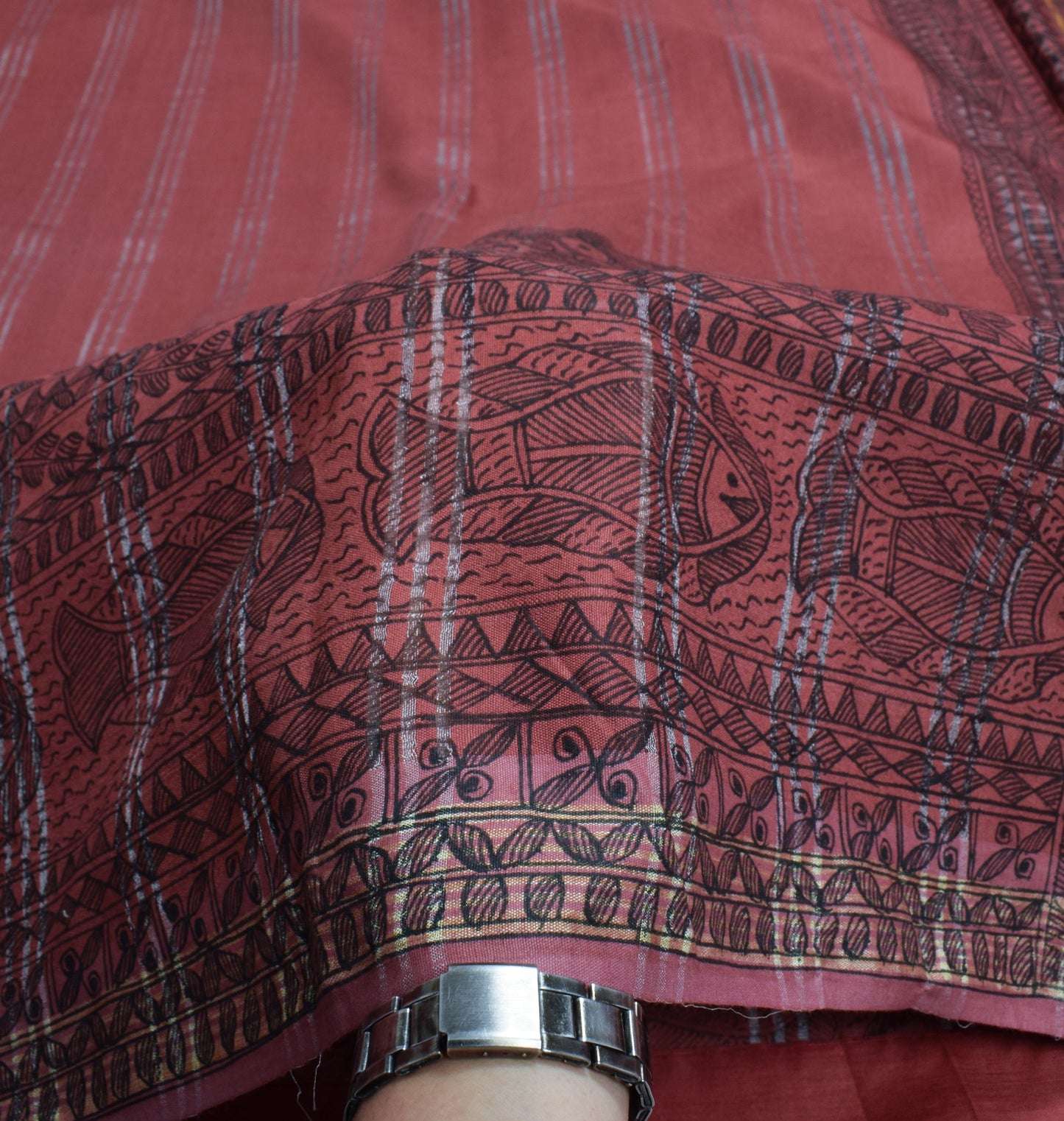 Sushila Vintage Brown Woven Saree Madhubani Hand Printed Cotton Silk Sari Fabric