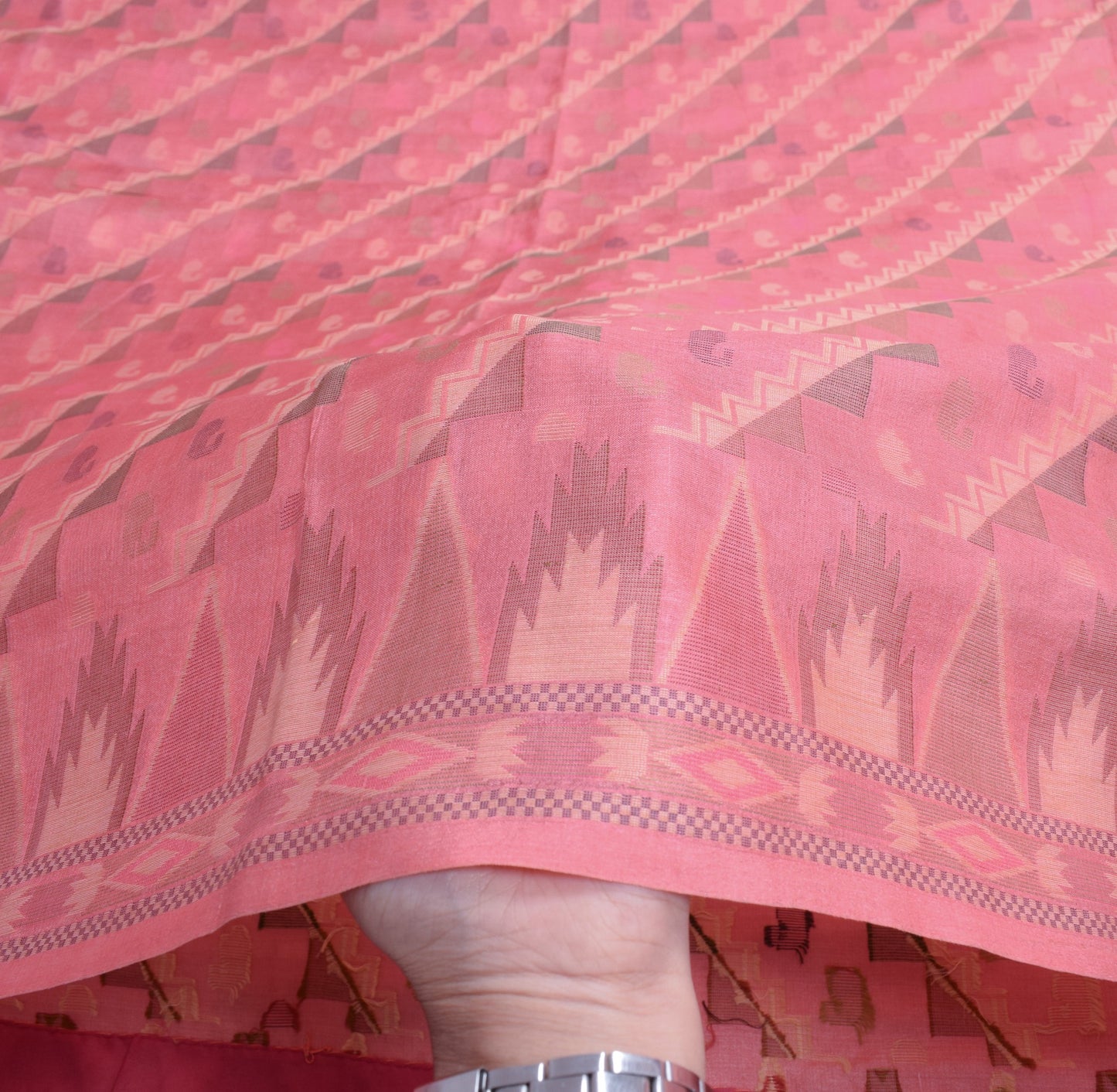 Sushila Vintage Woven Pink Saree Pure Tussar Silk Temple Border Sari Soft Fabric