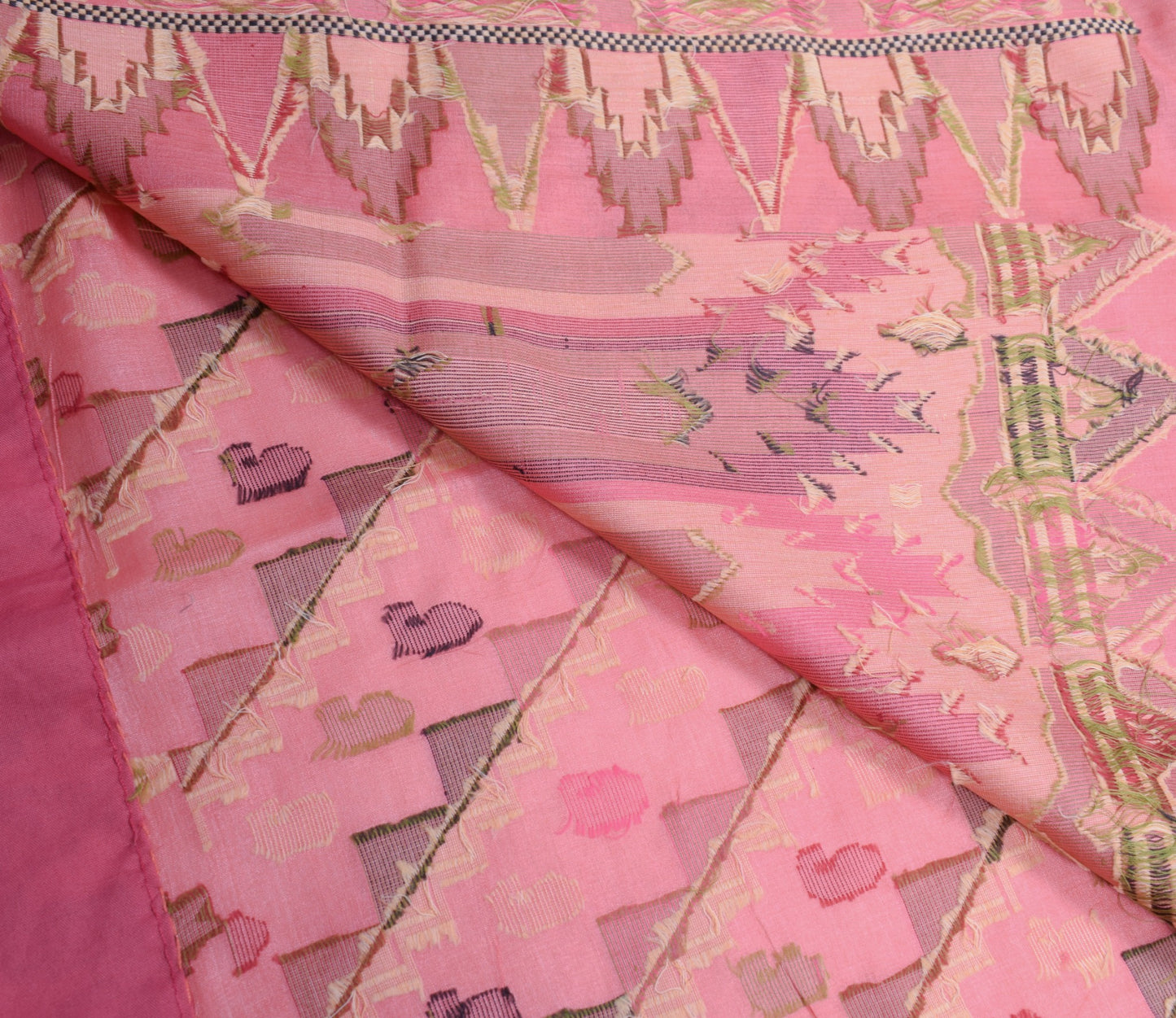 Sushila Vintage Woven Pink Saree Pure Tussar Silk Temple Border Sari Soft Fabric