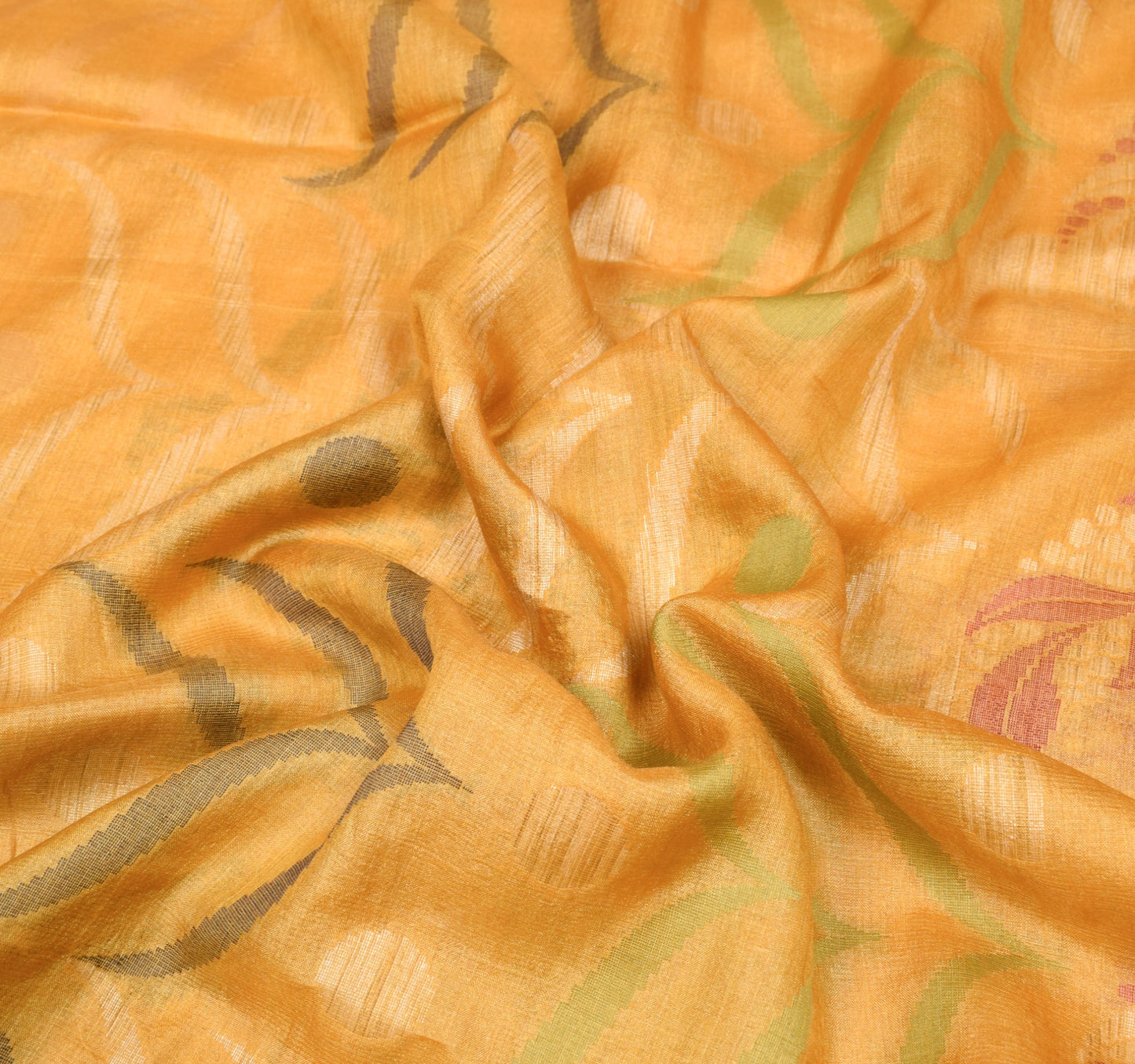 Sushila Vintage Mustard Floral Saree 100%Pure Tussar Silk Woven Sari Soft Fabric
