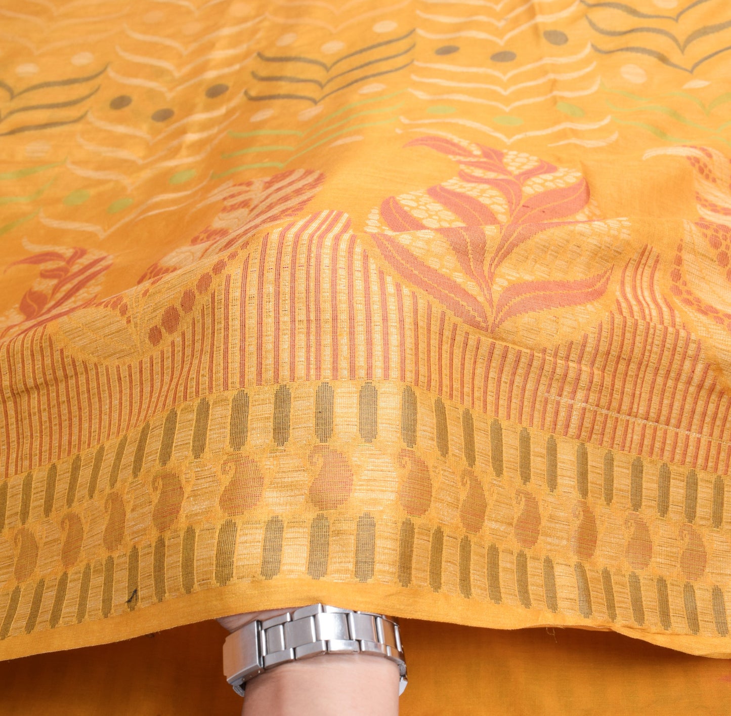 Sushila Vintage Mustard Floral Saree 100%Pure Tussar Silk Woven Sari Soft Fabric