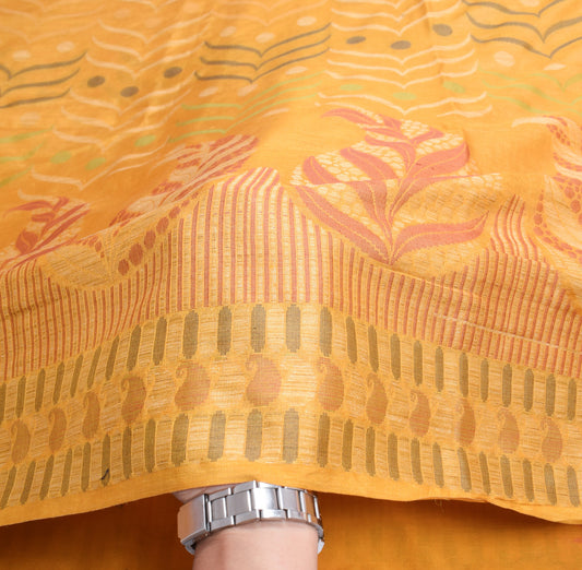 Sushila Vintage Mustard Floral Saree 100%Pure Tussar Silk Woven Sari Soft Fabric