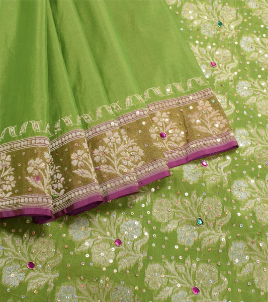 Sushila Vintage Art Silk Green Saree Sequins Embellish Sari with Blouse Fabric