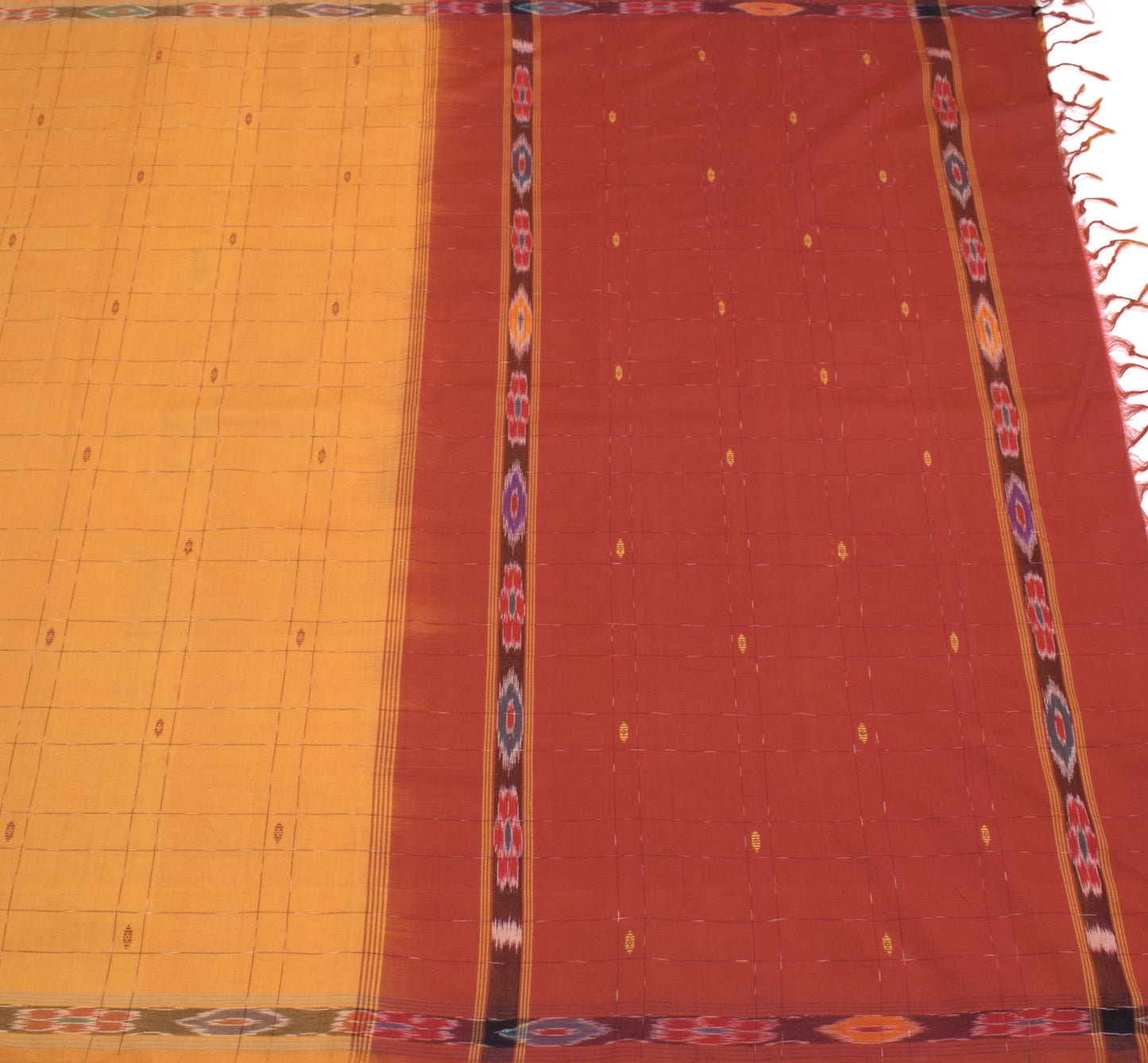 Sushila Vintage Mustard Maroon Saree Cotton Silk Checks Woven Handloom Sari