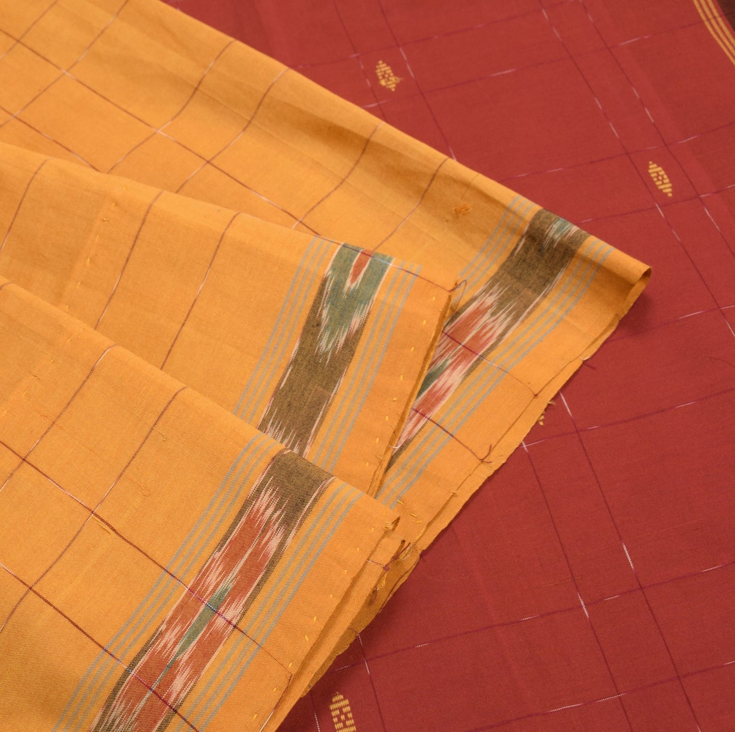 Sushila Vintage Mustard Maroon Saree Cotton Silk Checks Woven Handloom Sari