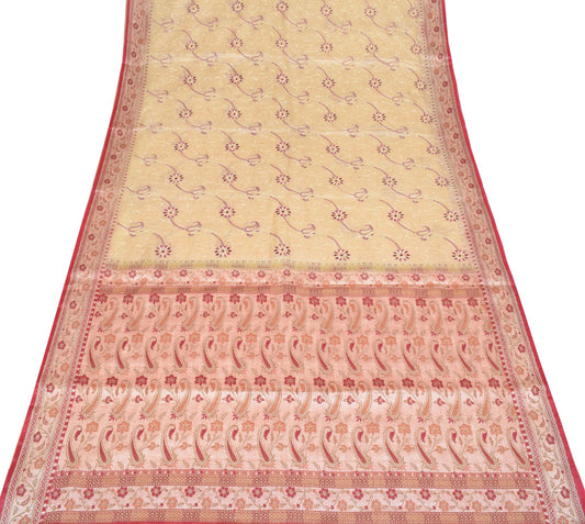 Sushila Vintage Light Brown Saree Pure Tussar Silk Embroidery Floral Sari Fabric