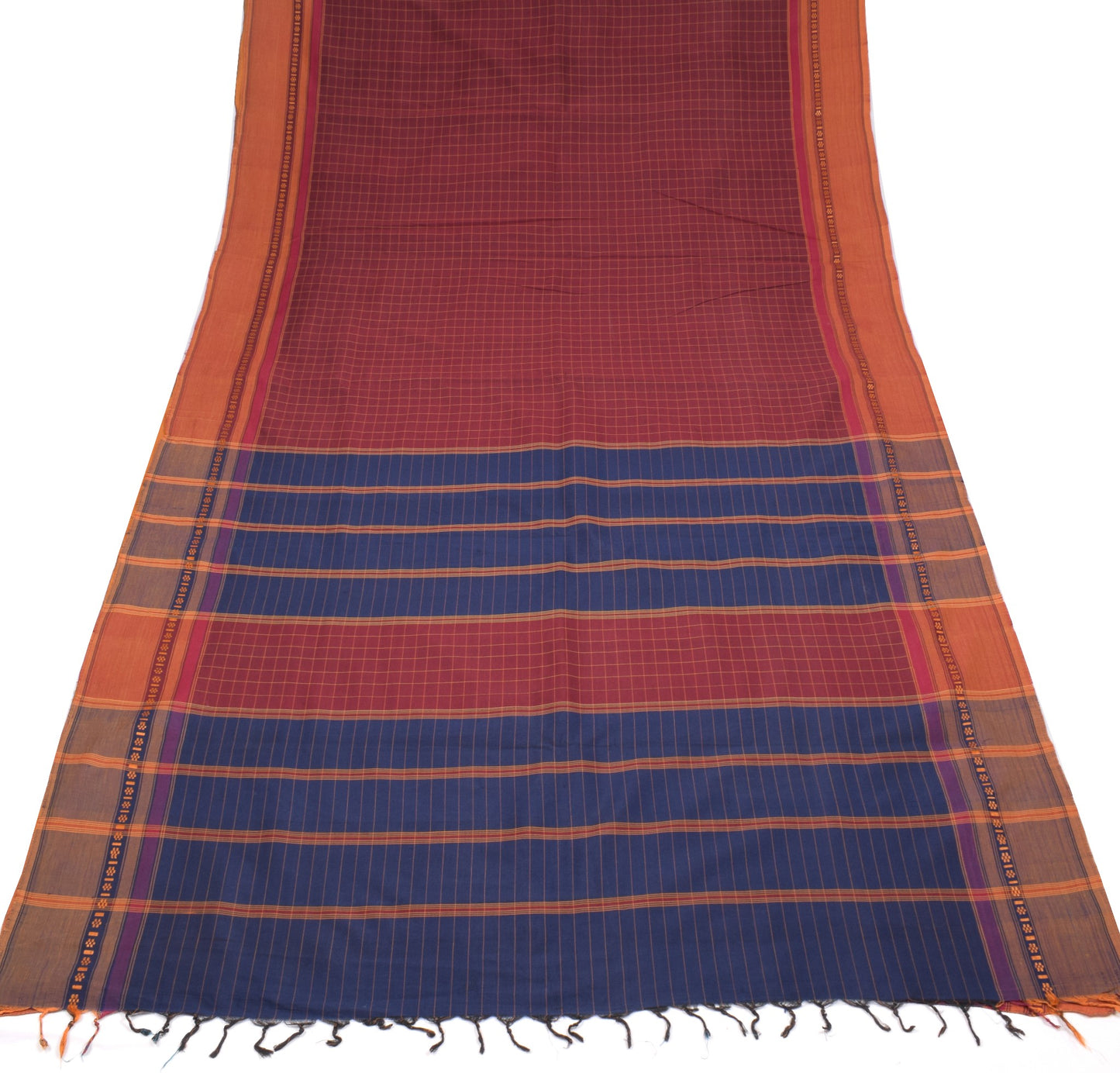 Sushila Vintage Maroon Saree Pure Cotton Silk Kanchipuram Checks Sari Fabric
