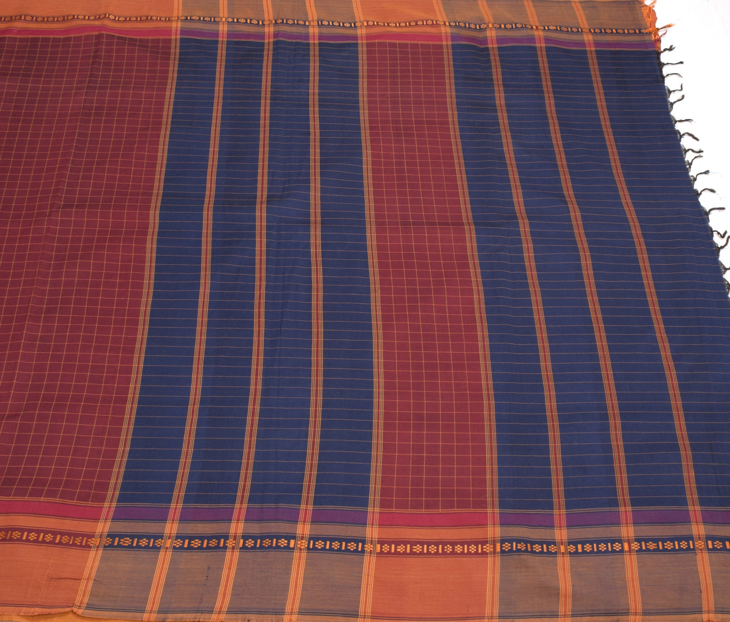 Sushila Vintage Maroon Saree Pure Cotton Silk Kanchipuram Checks Sari Fabric