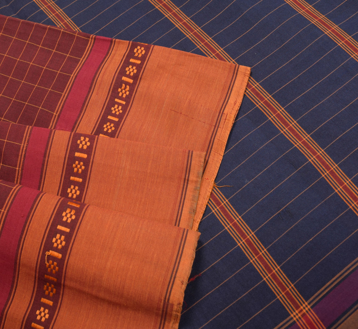 Sushila Vintage Maroon Saree Pure Cotton Silk Kanchipuram Checks Sari Fabric