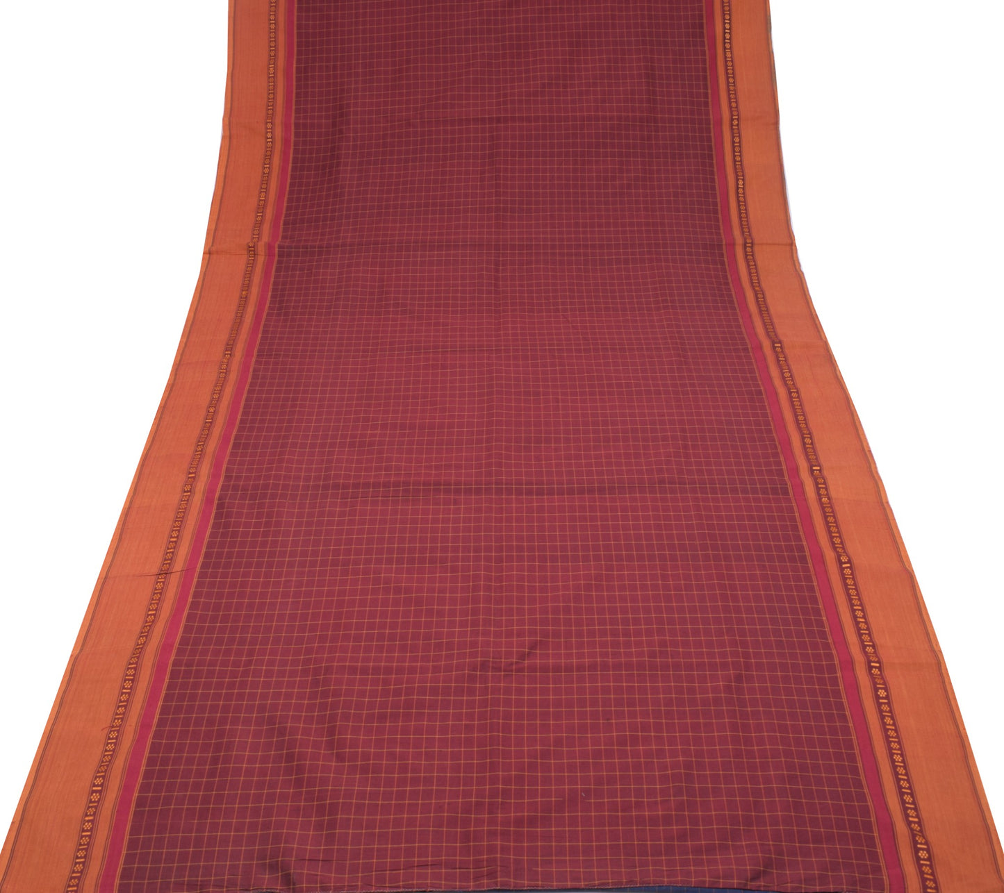 Sushila Vintage Maroon Saree Pure Cotton Silk Kanchipuram Checks Sari Fabric