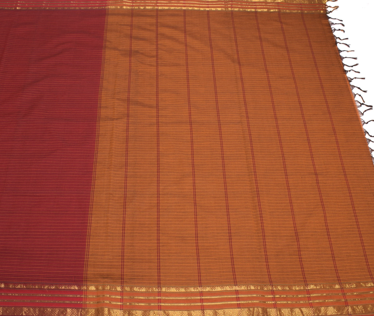 Sushila Vintage Maroon Kanchipuram Saree Pure Cotton Stripe Zari Border Sari