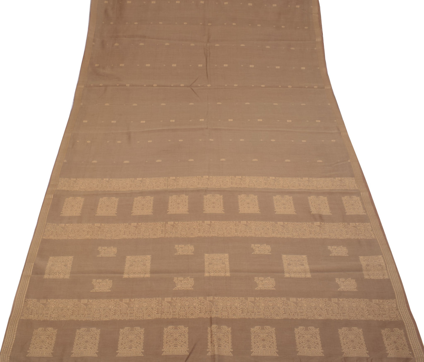 Sushila Vintage Brown Hand Woven Saree 100% Pure Cotton Floral Sari Craft Fabric