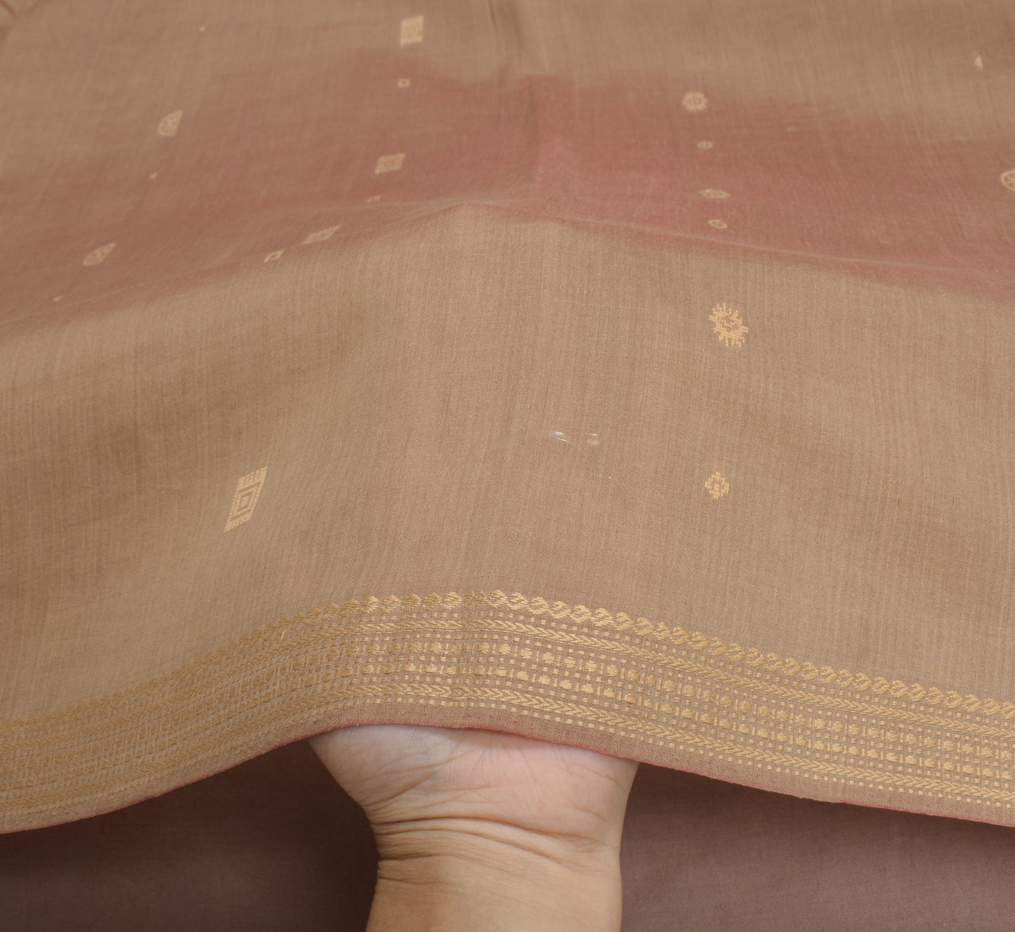 Sushila Vintage Brown Hand Woven Saree 100% Pure Cotton Floral Sari Craft Fabric