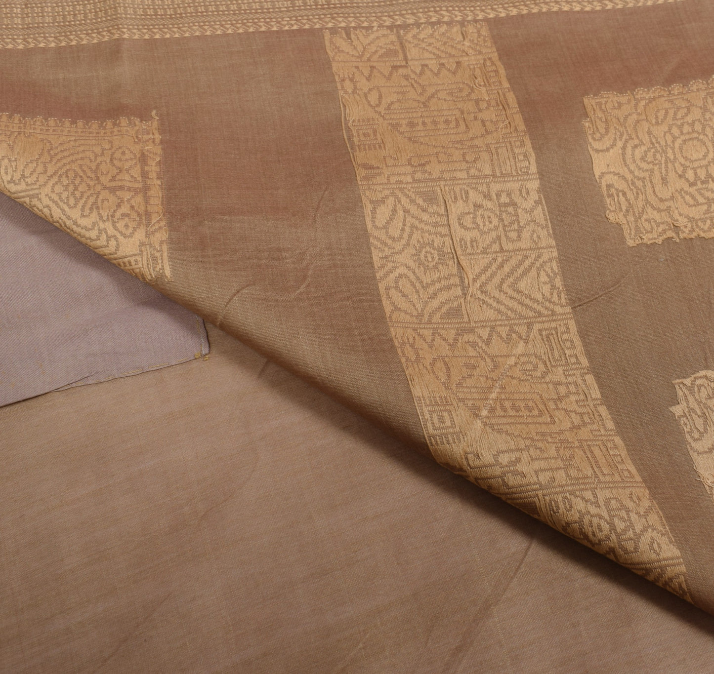 Sushila Vintage Brown Hand Woven Saree 100% Pure Cotton Floral Sari Craft Fabric