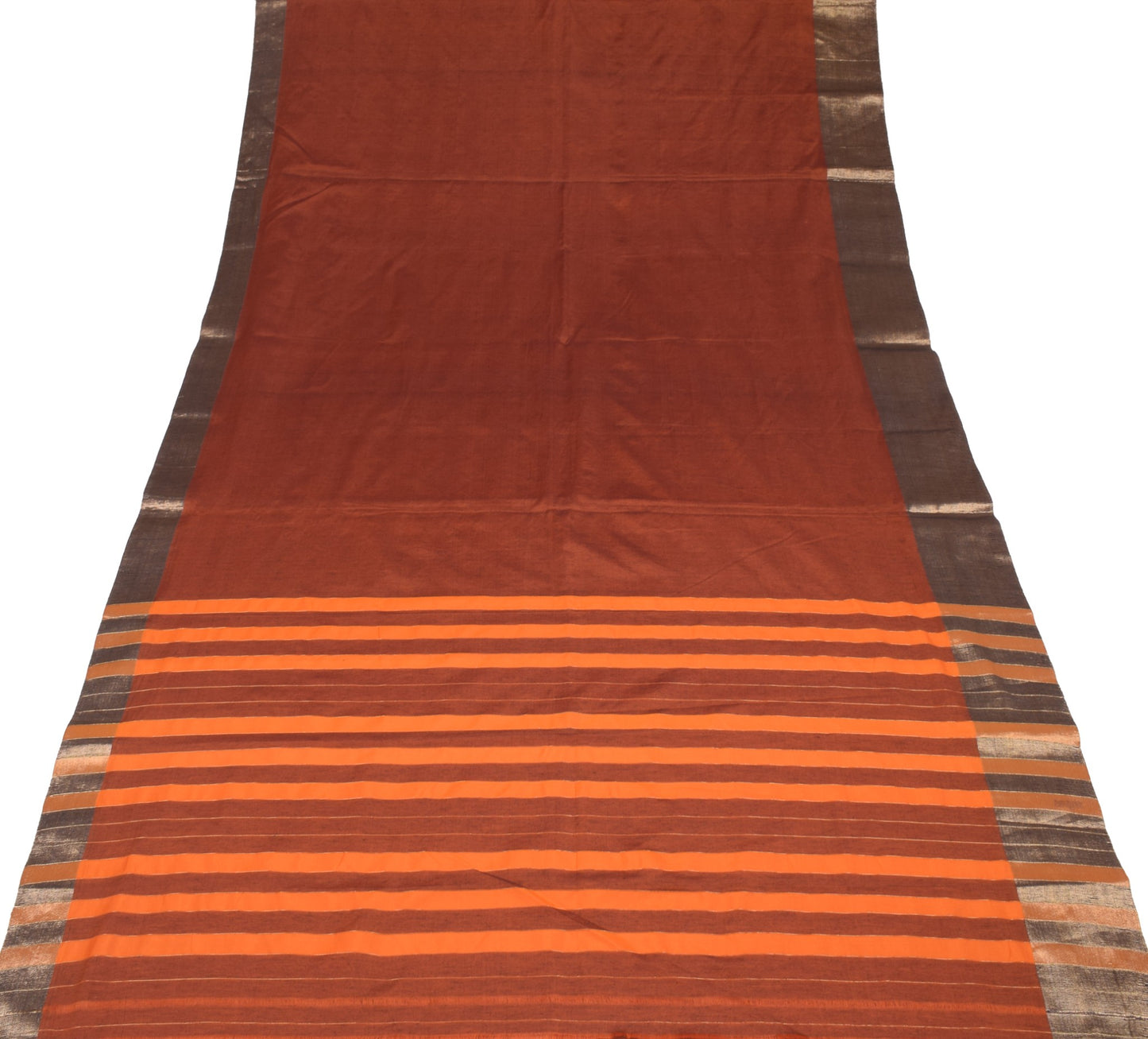 Sushila Vintage Rust Black Saree Pure Cotton Stripes Woven with Zari Woven Sari