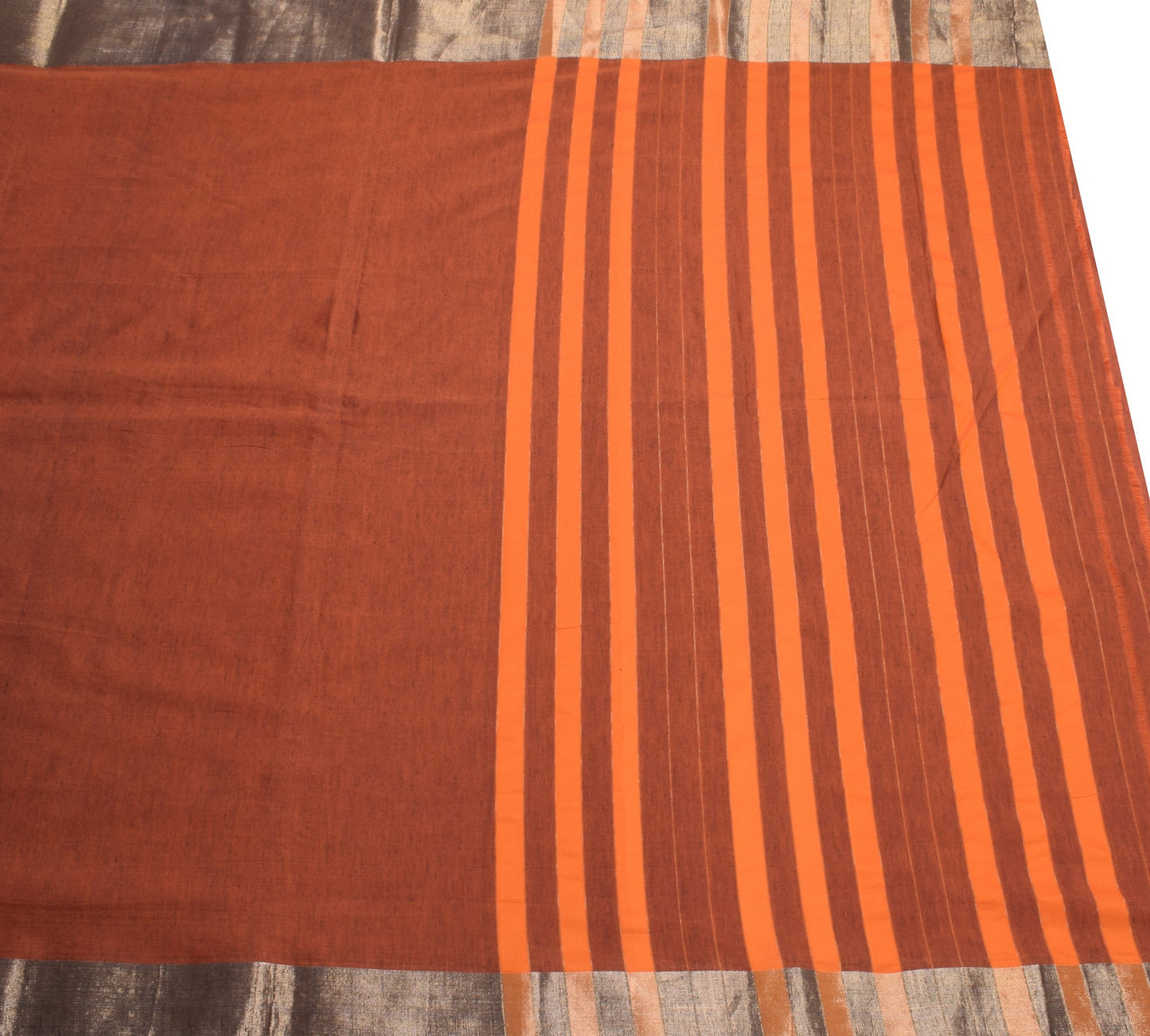 Sushila Vintage Rust Black Saree Pure Cotton Stripes Woven with Zari Woven Sari