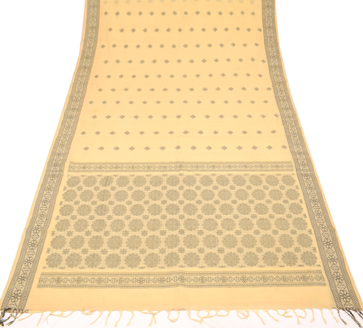 Sushila Vintage Light Yellow Saree 100%Pure Cotton Hand Woven Floral Sari Fabric